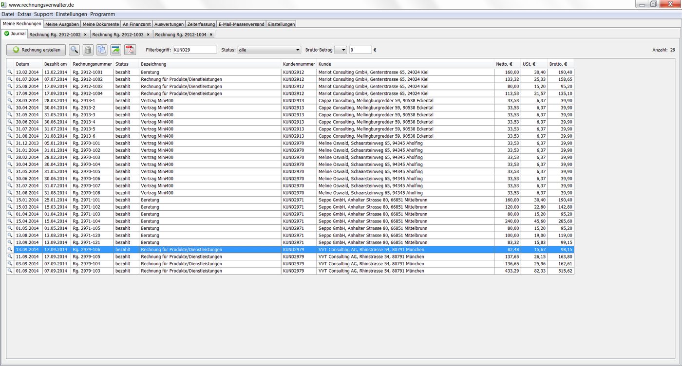 Journal mit der Liste aller Rechnungen im Rechnungsverwalter