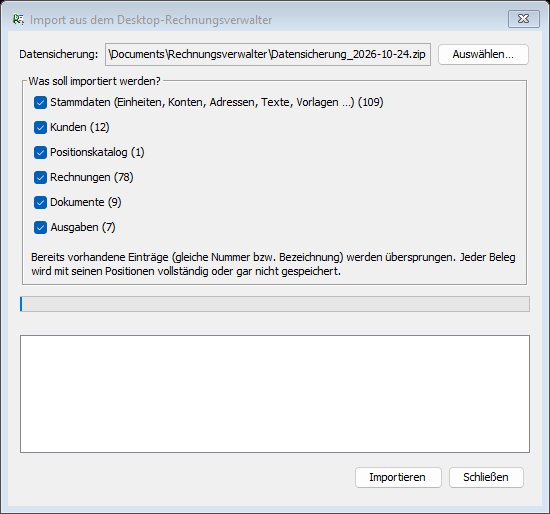 Dialog Import aus Desktop mit Auswahl der Bereiche