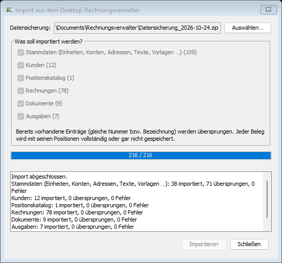 Ergebnis des Imports mit Fortschrittsbalken